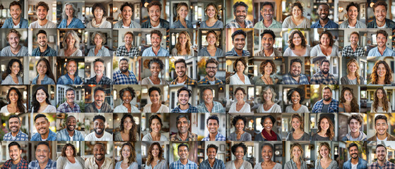 People - a grid of 84 unique square headshots of a variety of diverse, smiling, friendly people in a home setting, casual style - 88MP XXXL	
