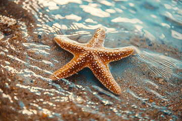 Starfish on the summer beach in sea water. Summer background. Summer time.