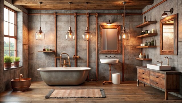 A warm and inviting rustic bathroom renovation showcases exposed antique plumbing fixtures and copper pipes, marrying