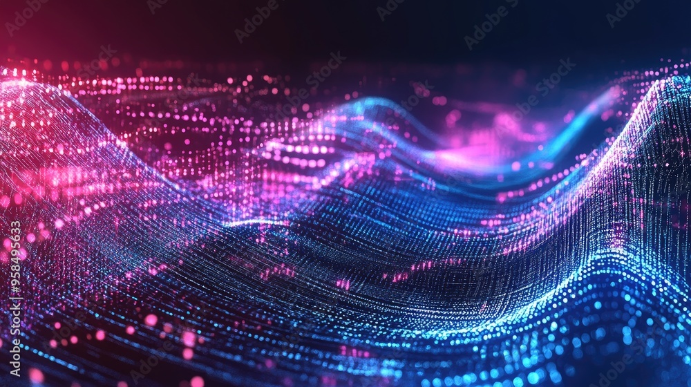Poster line art illustration of futuristic data stream technology neon waves and 3d data visualization on a