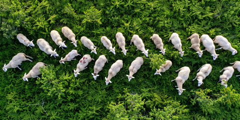 Araffes in a field of grass with a herd of sheep with green  grass  background 