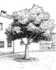 Line art illustration of a tree in a historic urban setting