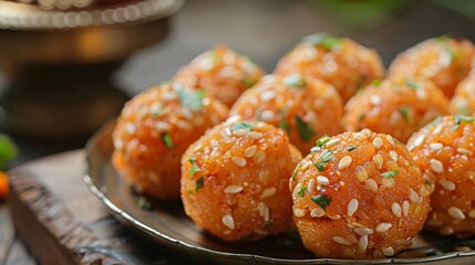 Indian Traditional Sweet motichoor laddoo in plate, selective focus image.