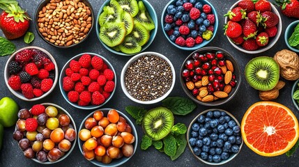 An assortment of colorful fruits and nuts arranged in bowls, showcasing a healthy variety for a vibrant lifestyle.