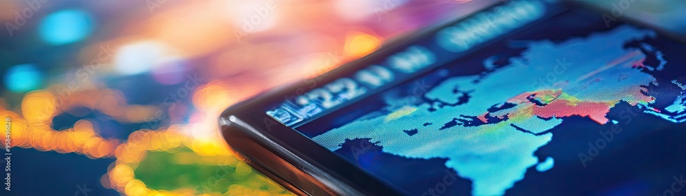 Poster a close-up of a smartphone displaying a world map on a colorful background, showcasing modern techno