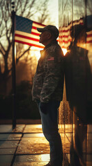 Veteran standing in front of a memorial wall on Veterans Day, American flag in the background