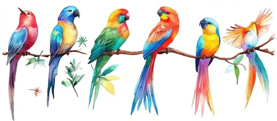 Obraz premium Vibrant Watercolor Illustration of Colorful Birds Perched on Branches