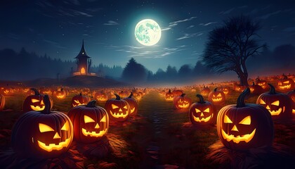 A field of carved pumpkins with flickering candles, casting spooky shadows under a full moon on Halloween night.