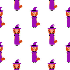 Cute Halloween witch seamless hand drawn vector pattern with pumpkin on white background.