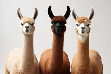 Fototapeta premium Three Llamas in Mixed Colors Staring Forward Against a White Background