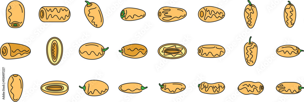 Poster this vector illustration features a set of icons depicting date fruits in various positions, angles,