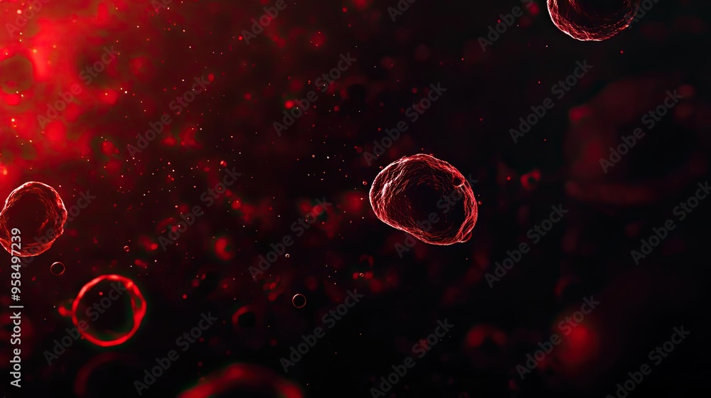 Poster close-up view of red blood cells floating in a dark background, showcasing the intricate details and