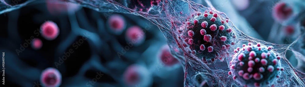 Poster close-up view of virus particles in a microscopic environment, showcasing intricate details and vibr