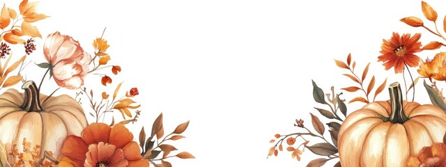 Charming Autumn Watercolor with Pumpkins and Fall Flowers