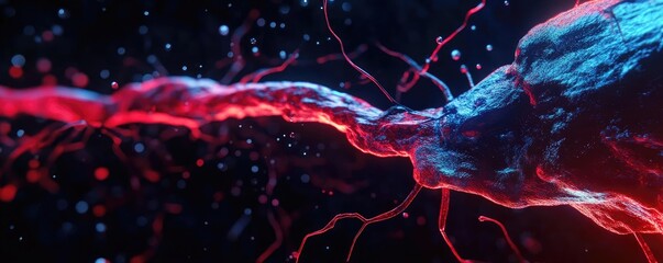 An abstract representation of a neuron transmitting signals, showcasing vibrant colors and dynamic energy in a digital format.