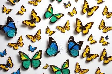 Fototapeta premium Stunning Collection of Isolated Blue Green and Yellow Butterflies on White Background
