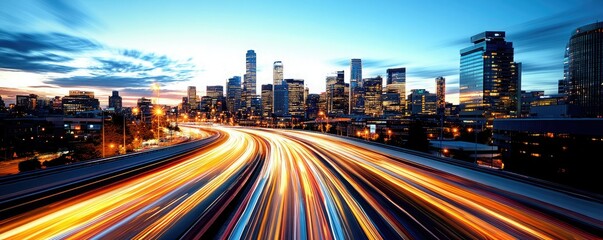 Fototapeta premium Dynamic urban skyline at dusk, showcasing vibrant light trails and modern architecture against a colorful evening sky.
