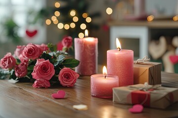 Burning candles, gift boxes and bouquet of roses on wooden table in kitchen, closeup. Valentine's Day celebration. Generative Ai