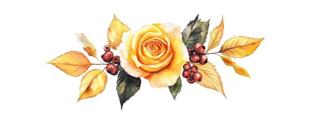 Stunning Yellow Rose with Autumn Leaves in Watercolor Art for Seasonal Decor