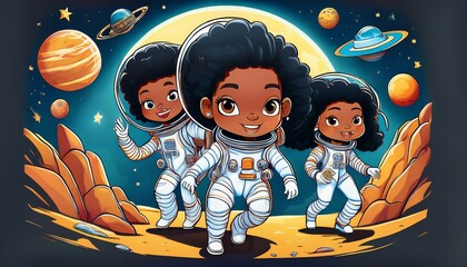 Female  cute little cartoon characters in space