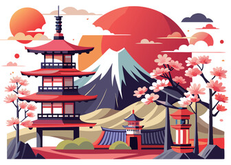 Naklejka premium Japanese Illustration Traditional Pagoda, Mount Fuji, and Cherry Blossoms background