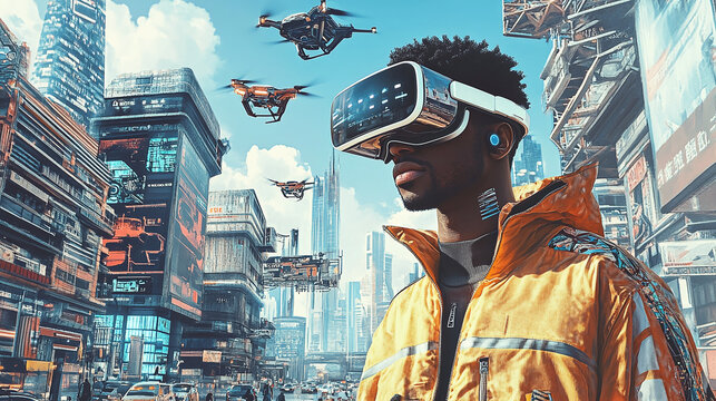 A Black man wearing a VR headset in a futuristic city with flying cars. A futuristic digital illustration of a Black male person using virtual reality glasses against a backdrop of cyberpunk buildings