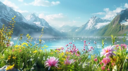 Landscape with flowers, lake and mountains