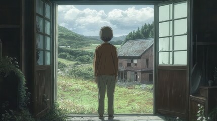 Fototapeta premium A young child reflects quietly while standing in an open doorway, overlooking lush fields and distant hills