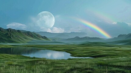 Obraz premium Landscape with moon and green hills of flood meadows. 3d render evening rainbow