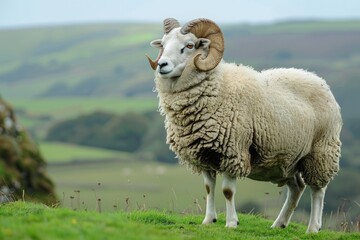 Obraz premium Majestic ram in verdant pasture with rolling hills in the background AI