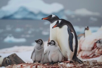 Obraz premium Gentoo penguin family in antarctic landscape AI