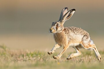 Obraz premium Swift hare bounding across grasslands at sunset AI