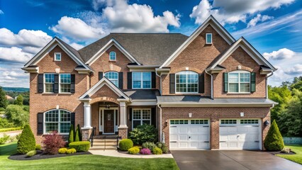 Charming three-story home with modern flair, featuring a spacious three-car garage, brick highlights, and a prime