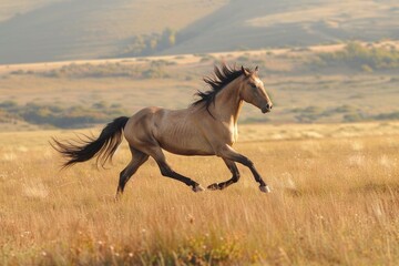 Obraz premium Majestic wild horse galloping through open grasslands at sunset AI
