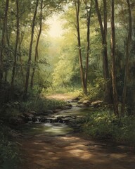 Obraz premium Oil painting depicting a serene woodland scene showcasing a blend of natural elements and artistic techniques