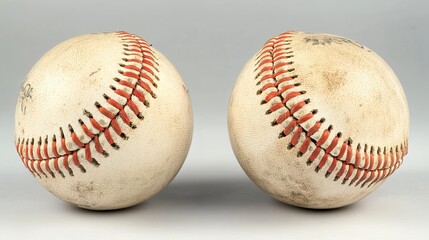 Two baseballs are depicted side by side, displaying their classic design. The distinct red and orange stitching patterns on the baseballs are evident. 