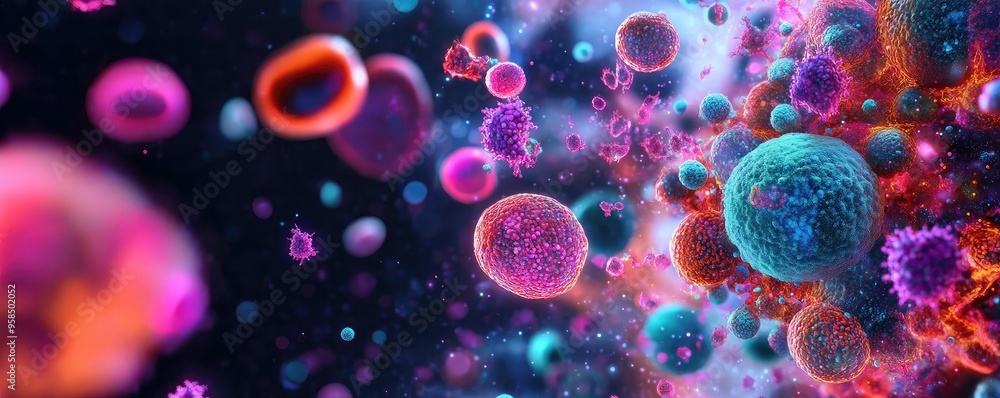 Poster colorful abstract representation of cells and microorganisms in a dynamic, vibrant environment. idea