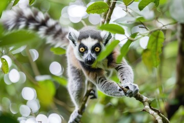 Obraz premium Curious ring-tailed lemur balancing on branch in lush green forest AI