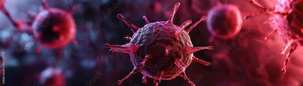 Poster an intricate close-up view of a virus, showcasing its texture and color under a microscopic lens, hi