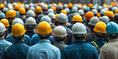 A large group of people in construction helmets, rear view. Team of qualified builders