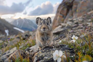 Obraz premium Curious pika exploring rocky alpine meadow in mountainous landscape AI