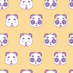 Funny seamless pattern with pandas with different emotions in kawaii style.Vector illustration