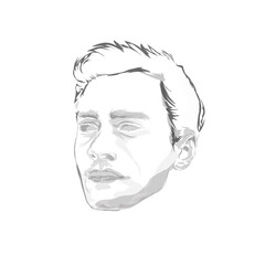 black abstract line sketch drawing of a man's face on a white background