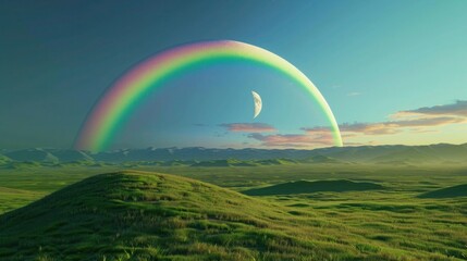 Naklejka premium Landscape with moon and green hills of flood meadows. 3d render evening rainbow