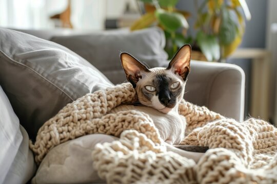 Cozy cornish rex cat relaxing indoors on a comfortable couch AI