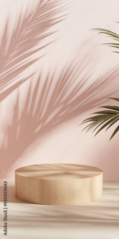 Poster a wooden pedestal with a palm tree in the background. the palm tree casts a shadow on the pedestal, 