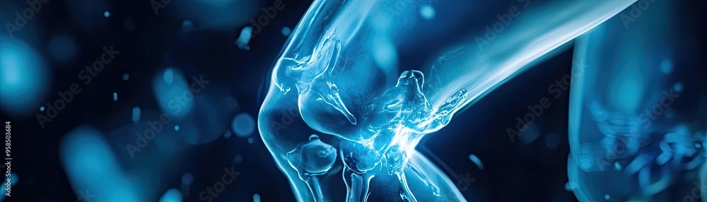 Poster a close-up view of a human knee joint, highlighting its intricate anatomy and dynamic movement in a 