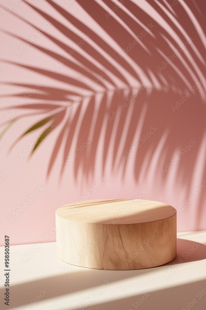 Poster a wooden round object with a shadow of a palm tree on a pink wall. the shadow gives the impression o