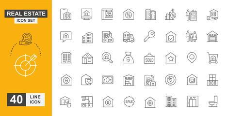 Real estate icon set. Key, apartment, contract, rent and more line icon.