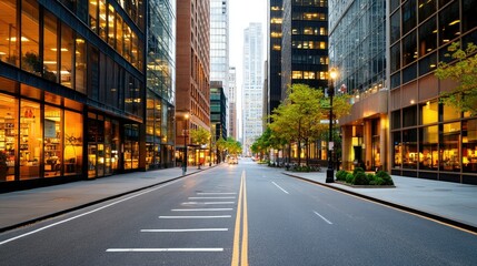 A bustling city street showcasing modern architecture and greenery, perfect for urban life themes and cityscape imagery.